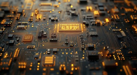 Detailed view of a glowing computer processor on a circuit board with intricate connections at night