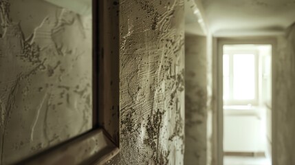 play of textures between the smooth mirror frame and the textured walls of the hallway, under soft daylight
