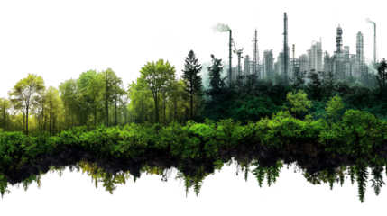 Green Forest Over Industrial Cityscape   Environmental Concept