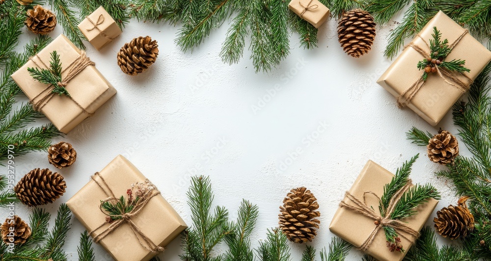 Wall mural christmas gifts arranged with pine branches and pine cones on a white background