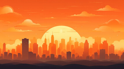 Flat Cartoon Style City Landscape In Orange