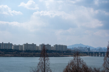 Fototapeta premium View of Han river next to Seoul Forest Hangang Bike Road Park, South Korea