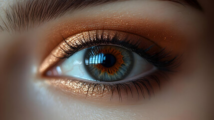 Close-up of a woman's eye with gold eyeshadow and long eyelashes.