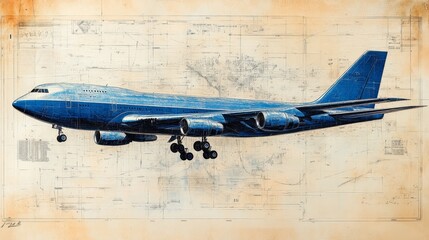 A detailed illustration of an airplane with a blueprint background, showcasing design and engineering concepts.