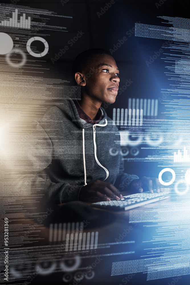 Poster Black man, developer and night with overlay on computer for data, analytics or future development at office. Young African, male person or programmer working late on technology, hud or dashboard
