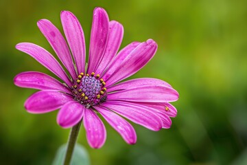 A single, vibrant pink daisy with a yellow center, partially covered in dew, blooms against a soft green background.