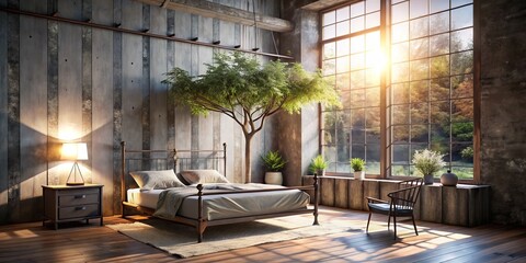 "Moody morning light filters through a metal tree plant surrounded by reclaimed wood bed frame industrial chic decor minimalist neutral tones whimsical nature inspired accents."