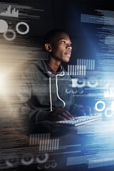 Black man, developer and night with overlay on computer for data, analytics or future development...
