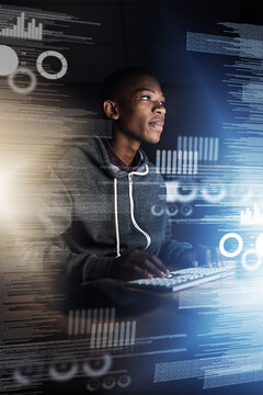 Black man, developer and night with overlay on computer for data, analytics or future development at office. Young African, male person or programmer working late on technology, hud or dashboard