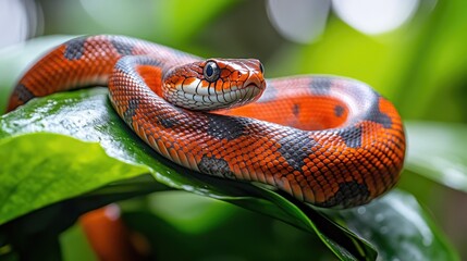 Fototapeta premium A vibrant snake resting on a green leaf in a lush environment.