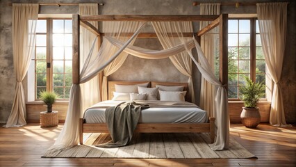 Moody rural retreat rustic wooden bedframes weathered oak canopy draped linen curtains soft morning light warm beige tones earthy natural decor.