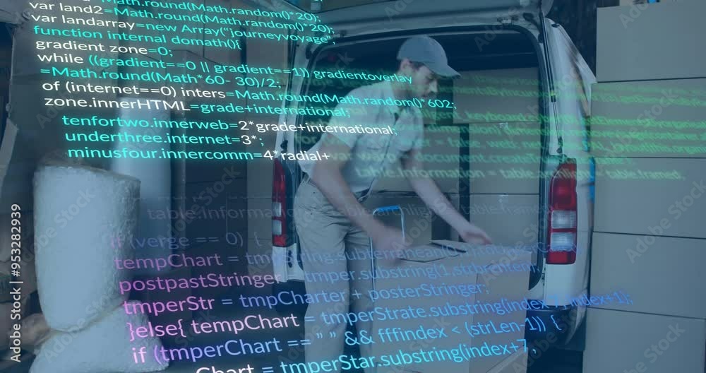 Poster computer code animation over delivery worker loading packages into van