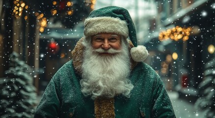 Santa Claus smiling warmly in front of a decorated Christmas tree during the holiday season