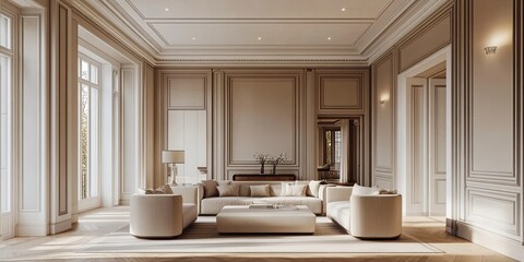 contemporary design of living room with elegant light brown molding frames background and luxury wooden floor 