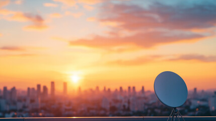 Satellite Dish On a modern rooftop at sunset