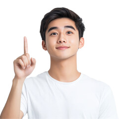 A smart and attractive young man gestures upward with a smile, conveying excitement and positivity in a well-lit room, Attractive young smart