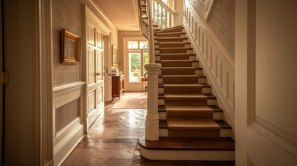 Fototapeta premium tranquil view from the staircase, emphasizing the hallway's balanced composition and natural lighting