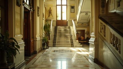 Fototapeta premium tranquil view from the staircase, emphasizing the hallway's balanced composition and natural lighting