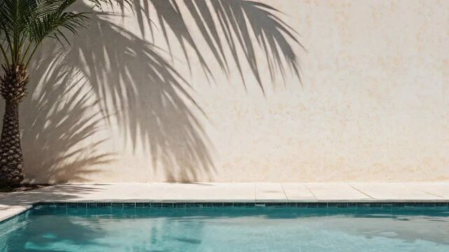 shadows of palm trees on the wall and a quiet swimming pool, vacation in a resort or villa