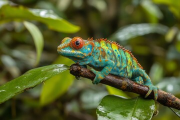 Colorful chameleon posing on a branch in the rainforest