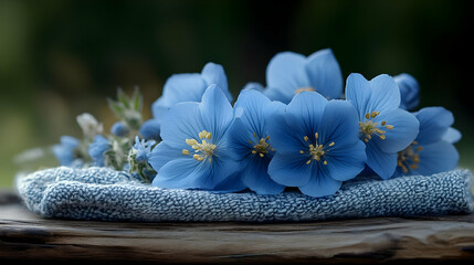 Fototapeta premium Closeup of delicate blue flowers on a rustic wooden surface.