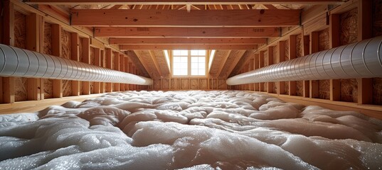 Intricate crawl space view with exposed beams, ducts, and foam insulation showcasing depth