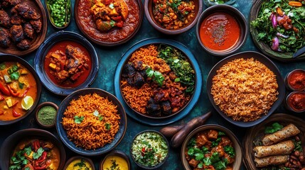 Fototapeta premium A table full of traditional Nigerian food with many different dishes, including rice, beans, and meat