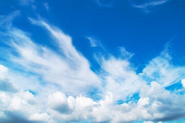 Background with cumulus clouds in summer. Panorama with light blue sky with white clouds.