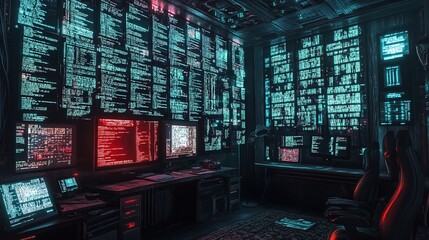 Obraz premium A dimly-lit, futuristic room filled with multiple screens displaying lines of code and data in blue and red hues dominates the scene. The setting, possibly a high-tech control or server room, features