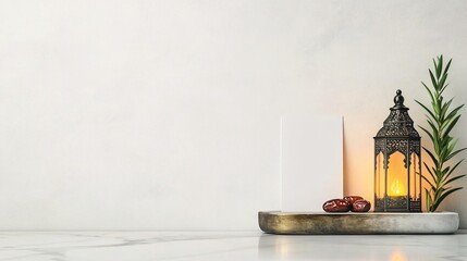 A serene still-life featuring dates, a lantern, and a minimalist backdrop, evoking warmth and tradition.