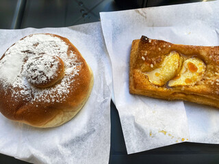 Typical baked pastries on the server you find for breakfast in Sicily, Italy.