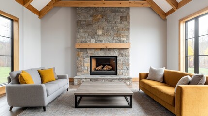 Cozy living room featuring modern sofas, a wooden coffee table, and a rustic stone fireplace, perfect for relaxation.
