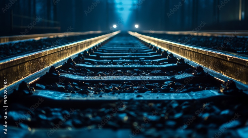 Fototapete Night shot of railway tracks illuminated by the headlights of an approaching train, with the tracks gleaming and the surrounding darkness creating a dramatic effect.