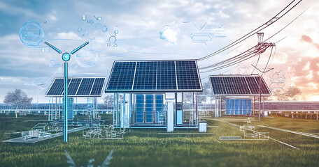 Obraz premium Smart grid solutions with solar panel energy storage unit outline concept, transparent background.