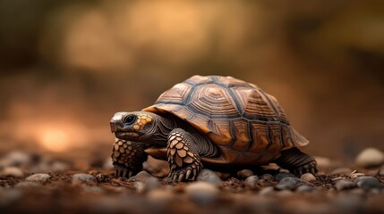 Obraz premium A detailed close-up of a tortoise on a textured surface, showcasing its unique shell patterns.