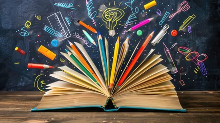 Open book with pencils and other school supplies flying out of it.