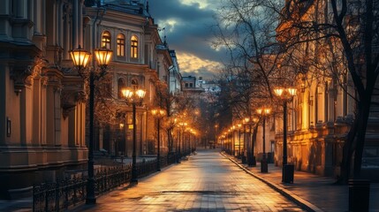 Fototapeta premium Panoramic view of a city street with elegant street lamps and historic buildings, illuminated in warm light, creating a charming nighttime atmosphere.
