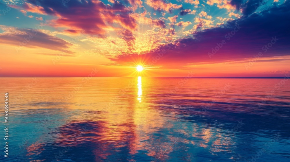 Poster Panoramic view of a tranquil seaside sunset, with the sun setting behind a distant horizon and casting a colorful reflection across the calm sea.