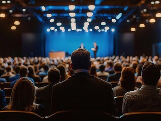 A rear view of a diverse audience attentively listening to a speaker at a business conference, with a well-lit stage and professional setting