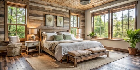 Rustic elegance serene retreat nature-inspired reclaimed wood queen bed frame minimalist decor soft...