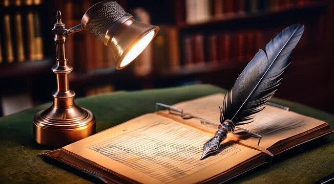 There is a pen on an open book with a light shining on it. The concept of nostalgia and the importance of writing