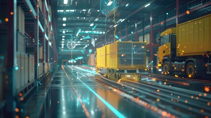 A yellow semi-trailer truck with a glowing digital overlay drives along a train track inside an industrial warehouse.