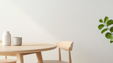 Modern dining area featuring a wooden table, minimalist dishes, and a vibrant plant for a fresh, inviting atmosphere.