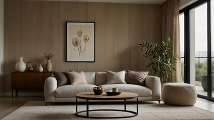 Fototapeta premium Modern Living Room Interior Design with White Sofa and Brown Wooden Accents