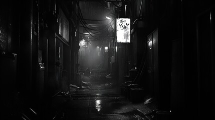 A narrow, dimly lit alleyway captured in black and white with a wet surface reflecting the sparse light sources. The alleyway is cluttered with various items, and electrical wires are hanging overhead