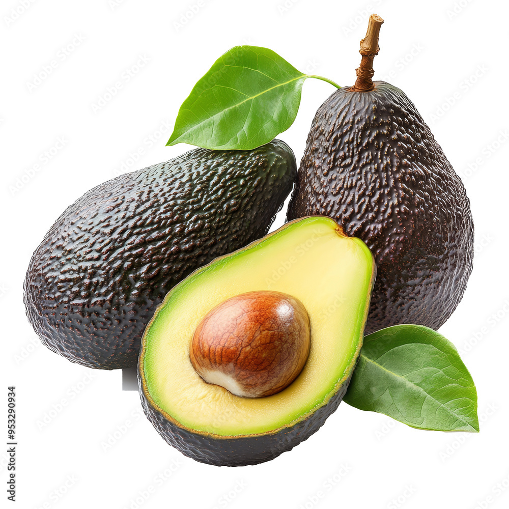 Canvas Prints Three ripe avocados, including a halved one, are arranged neatly with vibrant green leaves on a PNG backdrop, avocados on transparent background