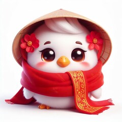 cute 3d fluffy chicken character with red vietnamese style scarf, white background