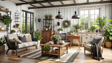 Fototapeta premium Rustic wooden furniture pieces in a cozy farmhouse setting, freshly painted in contrasting black and white hues, surrounded by vintage decor and lush greenery.