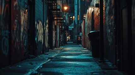 A narrow urban alleyway illuminated by a series of dim streetlights, casting a moody and atmospheric glow on the surroundings. The walls are covered with various graffiti art, showcasing colorful and 