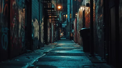A narrow urban alleyway illuminated by a series of dim streetlights, casting a moody and atmospheric glow on the surroundings. The walls are covered with various graffiti art, showcasing colorful and 